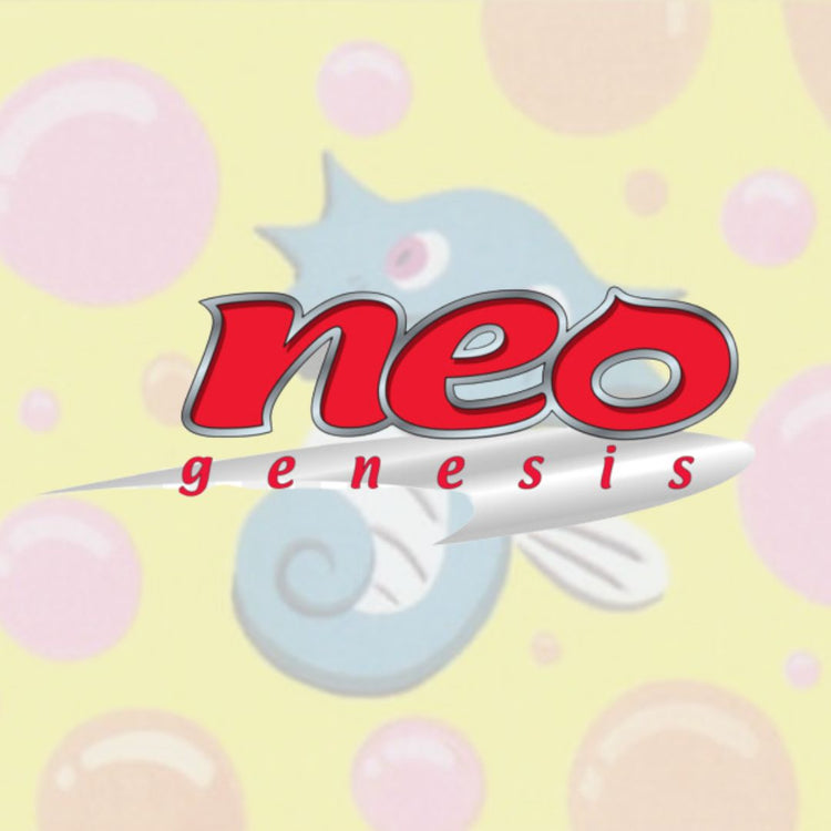 Logotyp för Pokémon Neo Genesis expansion med röd text på en blå seahorse-bakgrund.