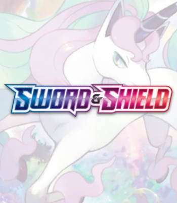 Logotyp för Pokémon Sword & Shield, med text i blå och rosa nyanser på en bakgrund fylld med silhuetter av olika Pokémon från serien.