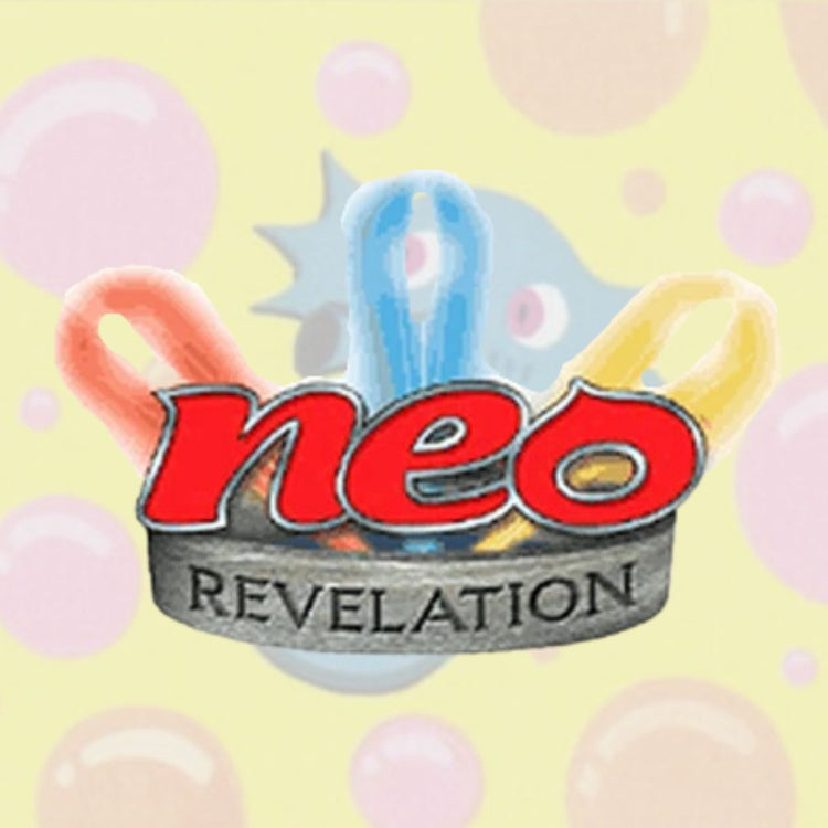 Logotyp för Pokémon Neo Revelation expansion med röd text och tre färgglada stavar i bakgrunden.