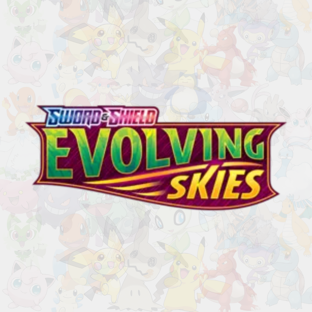 Logotyp för Pokémon TCG-setet Sword & Shield: Evolving Skies, med grön och röd text på en mörk bakgrund fylld med olika Pokémon-silhuetter.