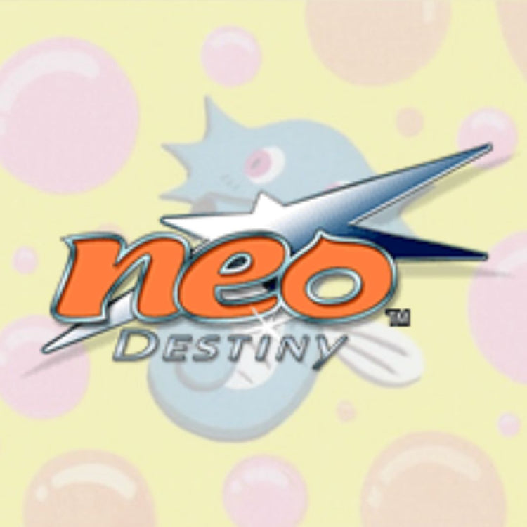 Logotyp för Pokémon Neo Destiny expansion med orange text och en stjärneffekt i bakgrunden.