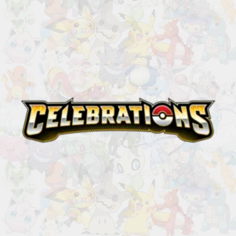 Logotyp för Pokémon TCG-setet Celebrations, med en guld- och svartfärgad text som hyllar Pokémon-seriens jubileum, mot en bakgrund med Pokémon-silhuetter.