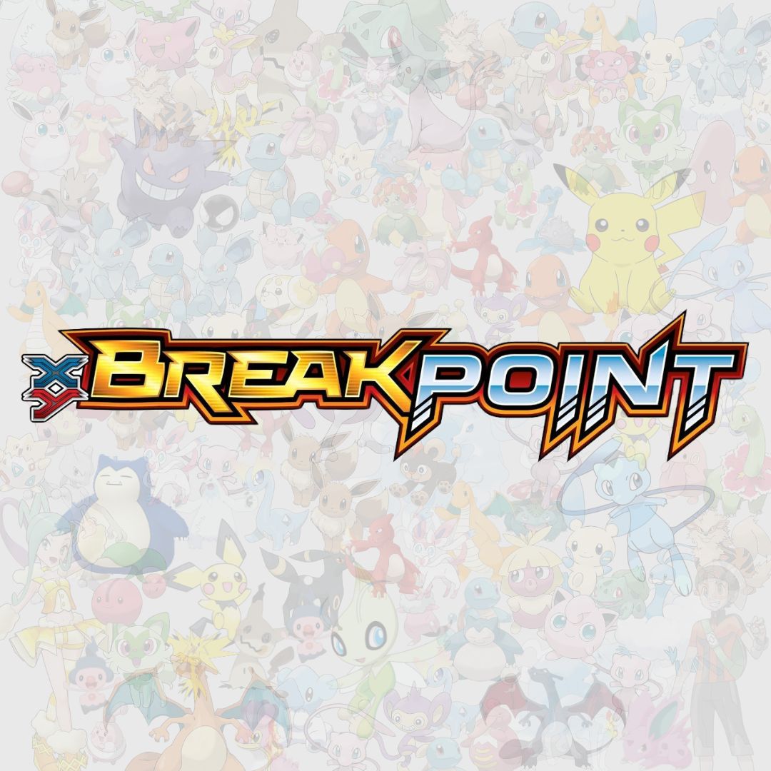 Pokémon XY BREAKpoint logotyp med Greninja BREAK och andra kraftfulla kort.