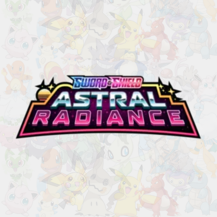 Logotyp för Pokémon TCG-setet Sword & Shield: Astral Radiance, med rosa och lila text omgiven av en glödande design, mot en bakgrund av olika Pokémon-silhuetter.