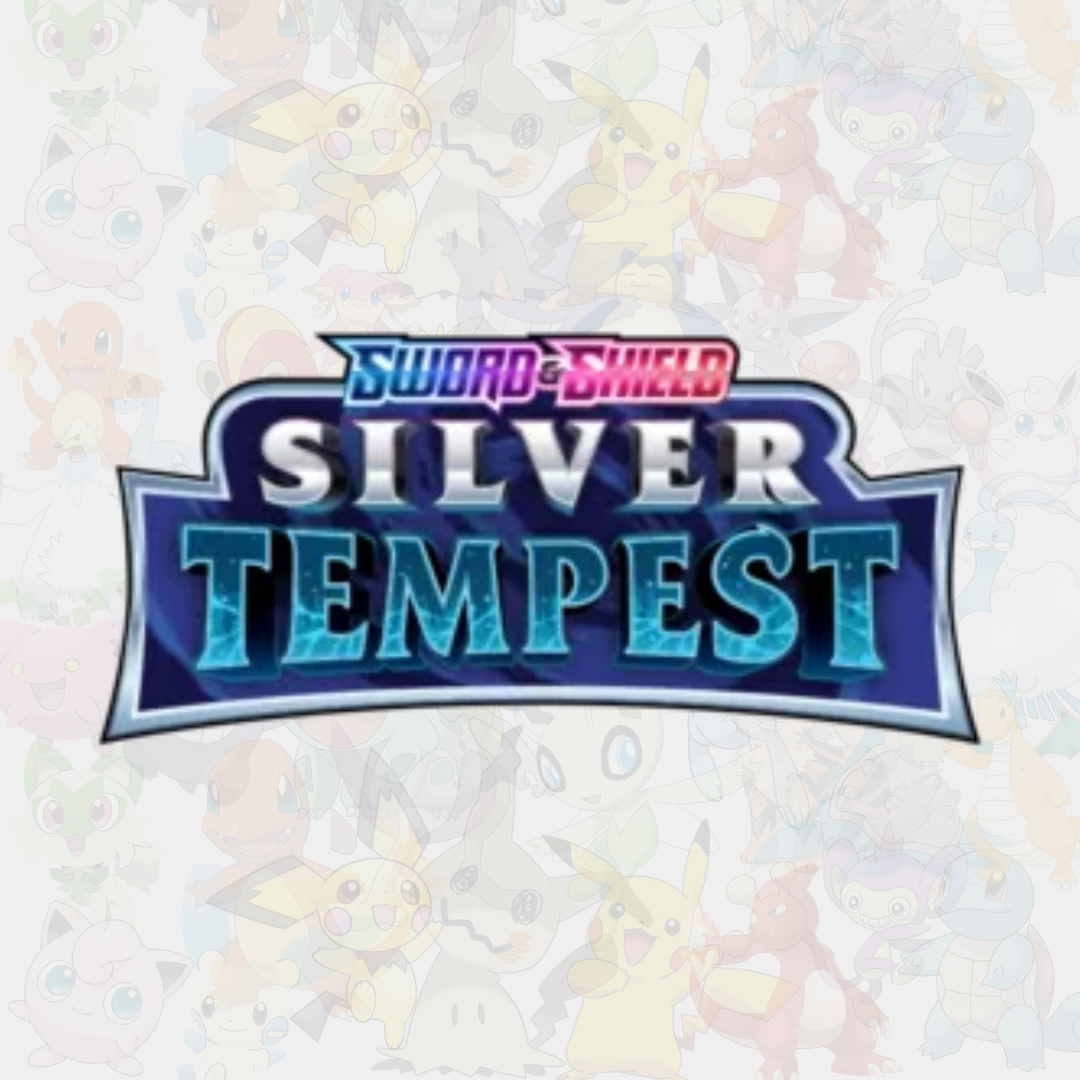 Logotyp för Pokémon TCG-setet Sword & Shield: Silver Tempest, med iskall blå och silverfärgad text som framhävs mot en bakgrund av Pokémon-silhuetter.