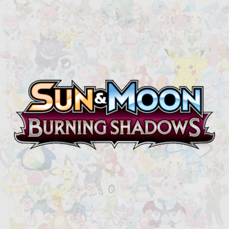 Sun & Moon Burning Shadows-logga för Pokémon TCG med eldiga Pokémon som Charizard-GX och Necrozma-GX.