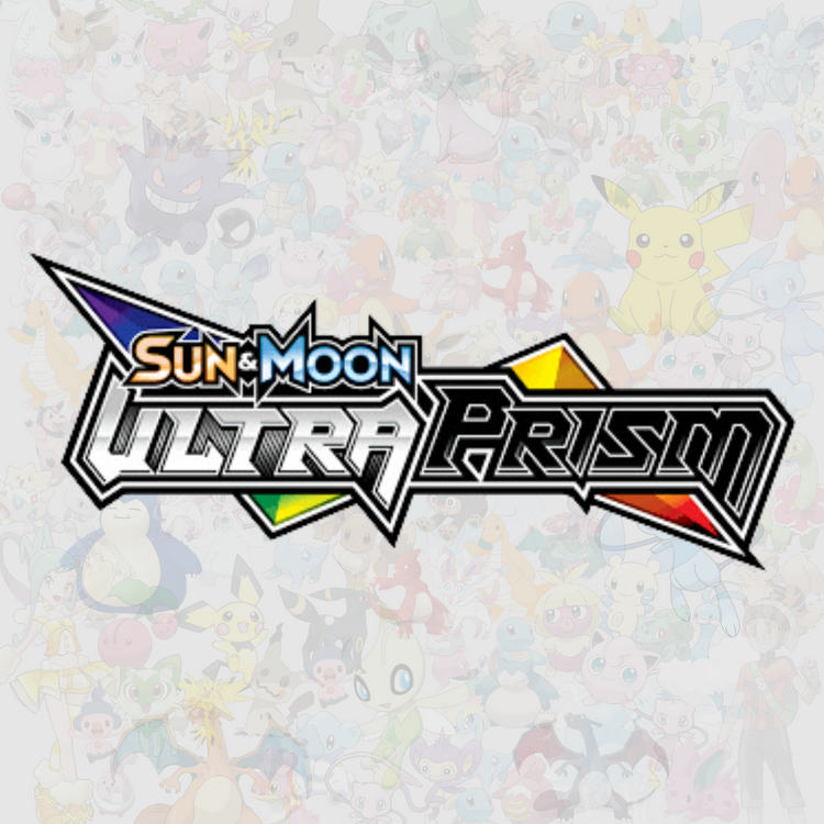 Sun & Moon Ultra Prism-logga för Pokémon TCG med prisma-kort och Pokémon som Necrozma-GX.