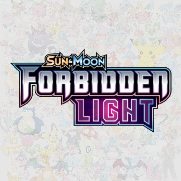 Sun & Moon Forbidden Light-logga för Pokémon TCG med ljus- och mörker-Pokémon som Ultra Necrozma-GX.