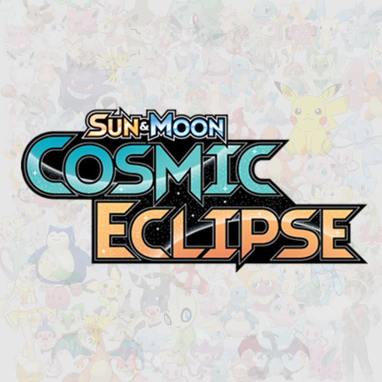 Cosmic Eclipse-logga för Pokémon TCG med Tag Team Pokémon som Charizard & Braixen-GX.