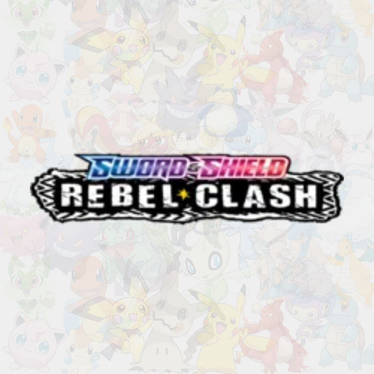 Logotyp för Pokémon Rebel Clash , med text i svart, vit, blå och rosa nyanser på en bakgrund fylld med silhuetter av olika Pokémon från serien.