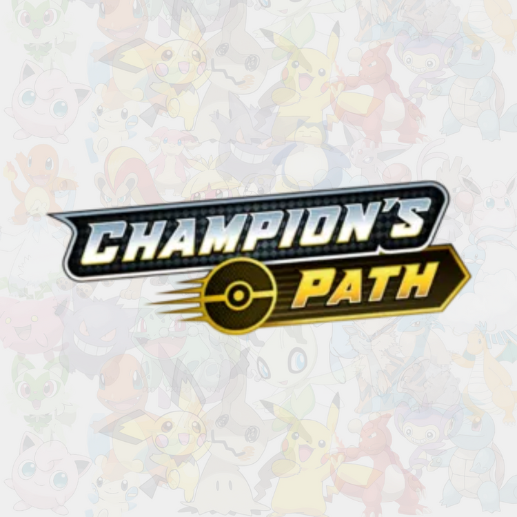 Logotyp för Pokémon TCG-setet Champions Path, med en mörk design och gul accent på texten, mot en bakgrund fylld med Pokémon-silhuetter.