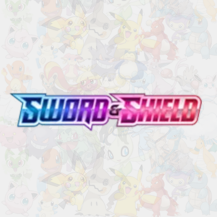 Logotyp för Pokémon Sword & Shield, med text i blå och rosa nyanser på en bakgrund fylld med silhuetter av olika Pokémon från serien.