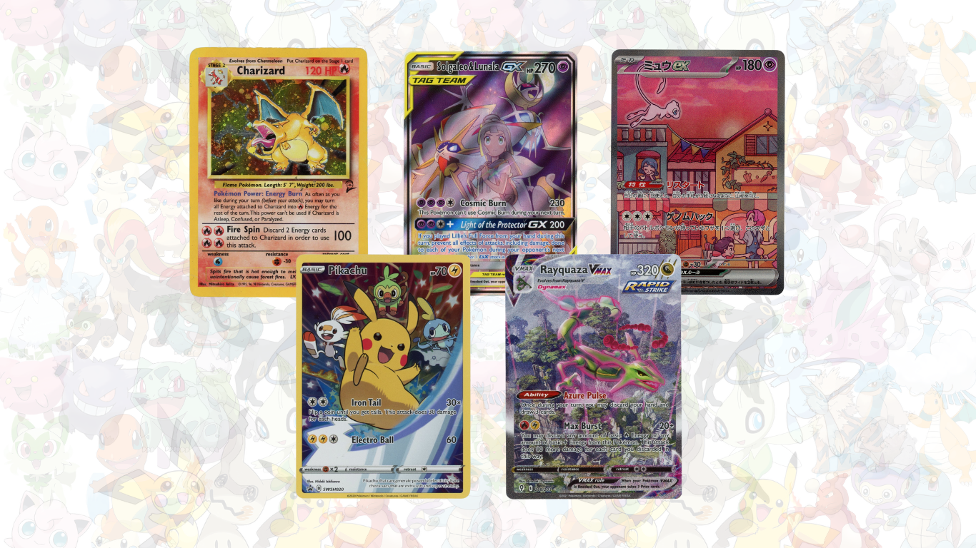 Pokemon TCG löskort (Singles) med klassiker som Piakchu & Mew.