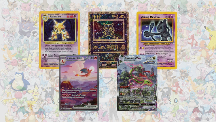 Pokémonkort, innehåller Alakazam, Ancient Mew, Shining Mewtwo, Charizard Ex & Rayquaza VMAX.