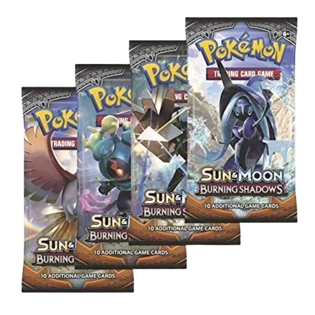 Pokémon Sun & Moon Burning Shadows booster pack med 10 spelkort, visar eldiga Pokémon och intensiva illustrationer.