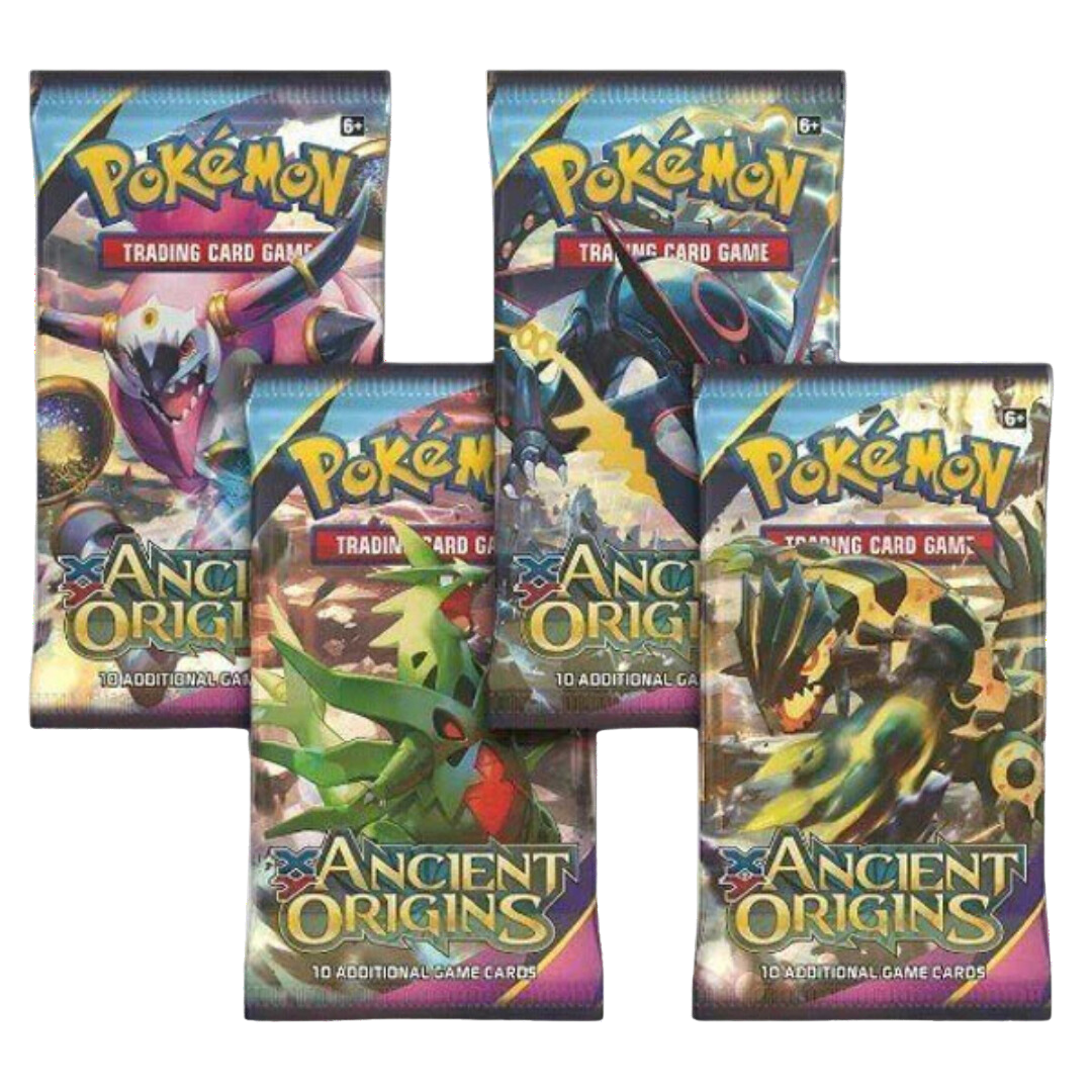 Pokémon XY Ancient Origins booster packs med 10 spelkort, framhäver legendariska Pokémon och antika teman i spännande design.