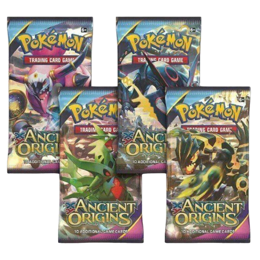 Pokémon XY Ancient Origins booster packs med 10 spelkort, framhäver legendariska Pokémon och antika teman i spännande design.