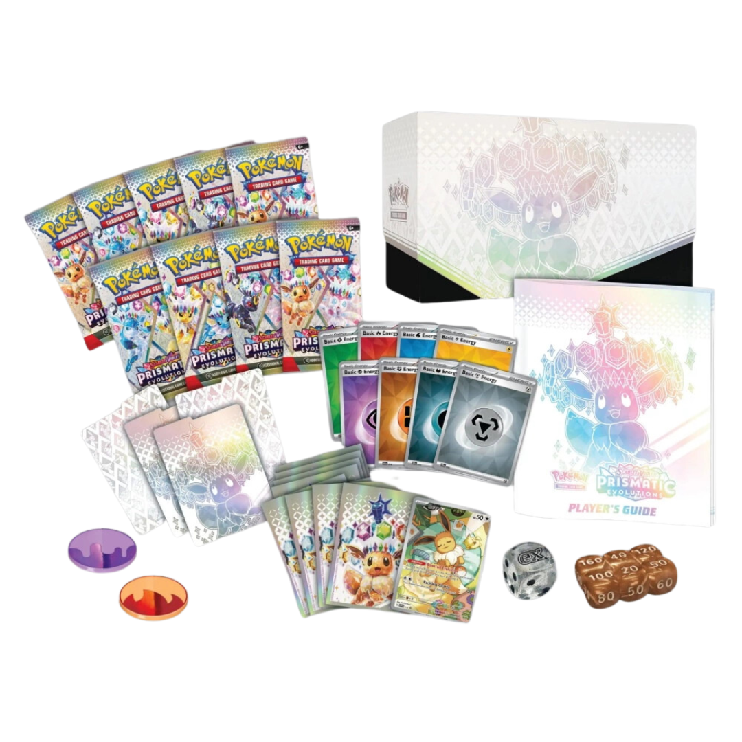 Pokemon TCG Elite Trainer Box Prismatic Evolutions innehåll – booster packs, energi- och träningskort, samt Eevee-kort.