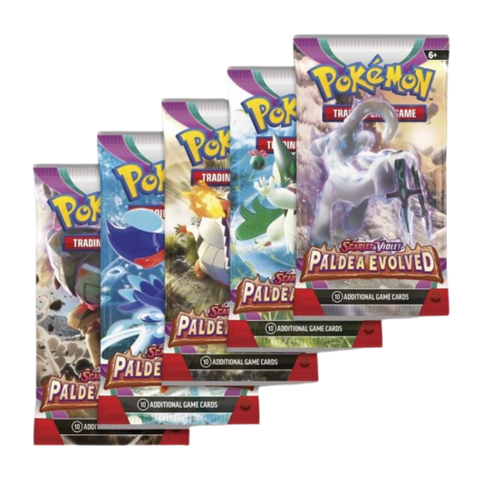 Pokémon Scarlet & Violet Paldea Evolved booster pack med 10 spelkort, illustrerat med utvecklade Paldean Pokémon mot en äventyrlig bakgrund.