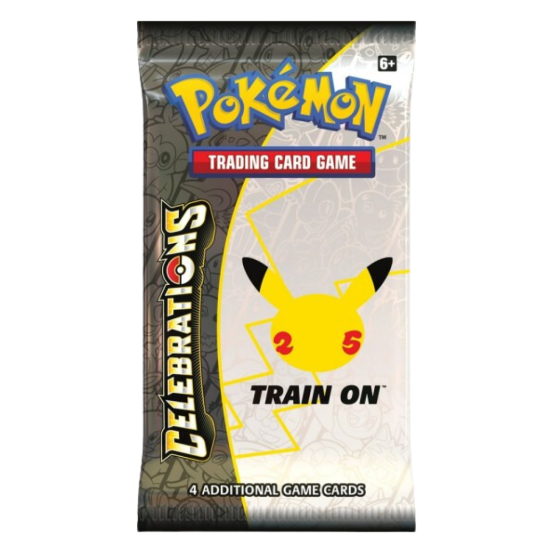 Pokémon Celebrations 25th Anniversary booster pack med 4 speciella samlarkort, visar en gul Pikachu-symbol och "Train On"-tema.