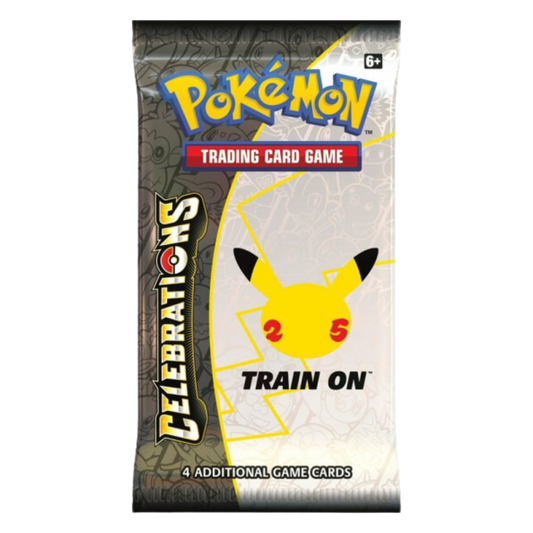 Pokémon Celebrations 25th Anniversary booster pack med 4 speciella samlarkort, visar en gul Pikachu-symbol och "Train On"-tema.