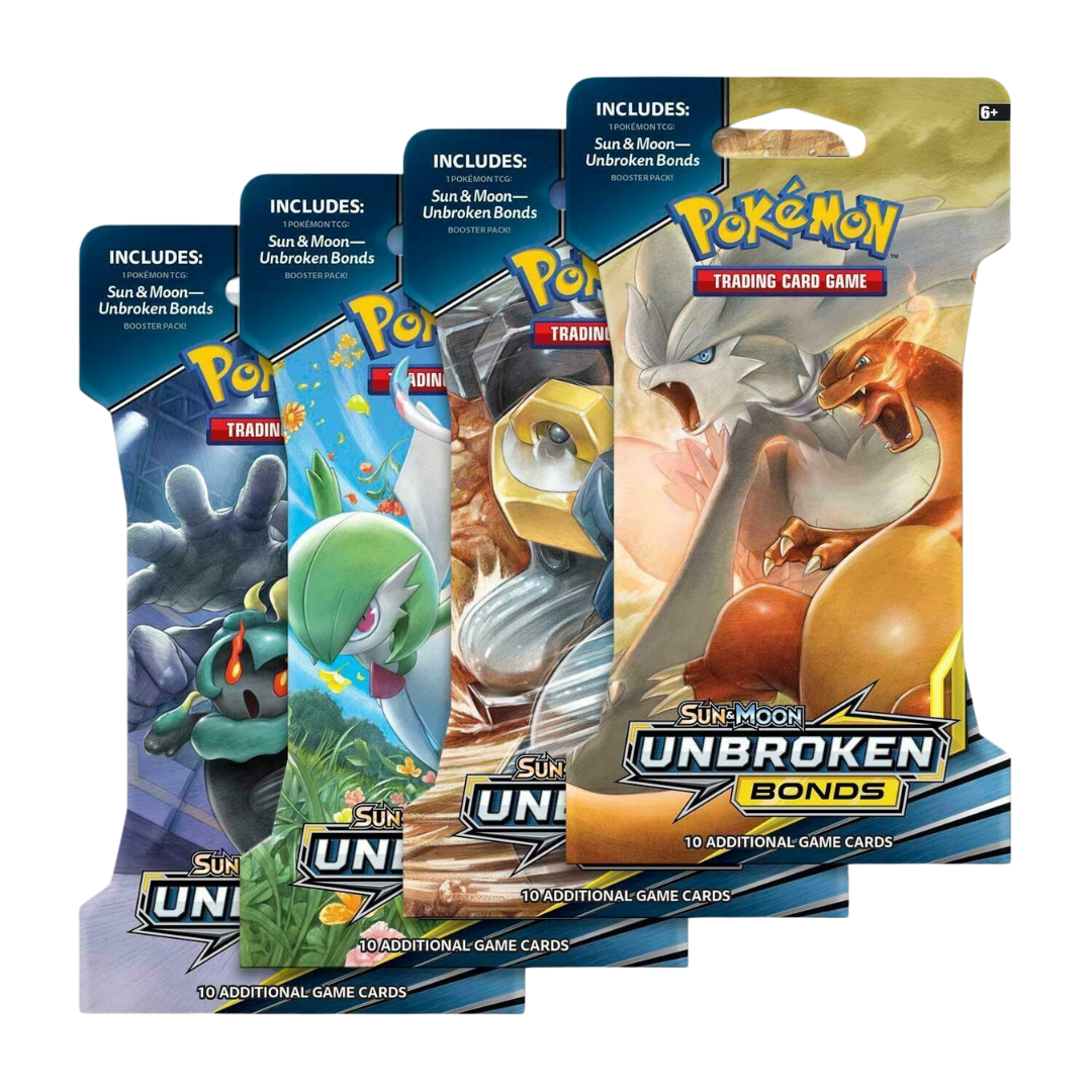 Pokémon Sun & Moon Unbroken Bonds booster packs med 10 spelkort, featuring ikoniska duo-Pokémon och spännande design.