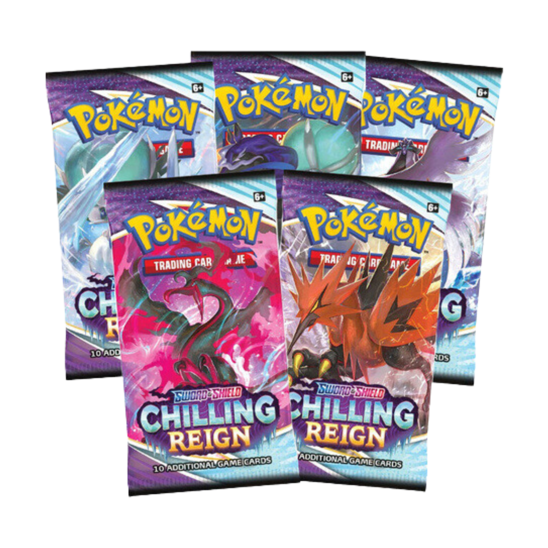 Pokémon Sword & Shield Chilling Reign booster pack med 10 spelkort, featuring is- och spök-Pokémon i en frusen design.