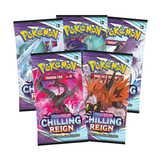 Pokémon Sword & Shield Chilling Reign booster pack med 10 spelkort, featuring is- och spök-Pokémon i en frusen design.