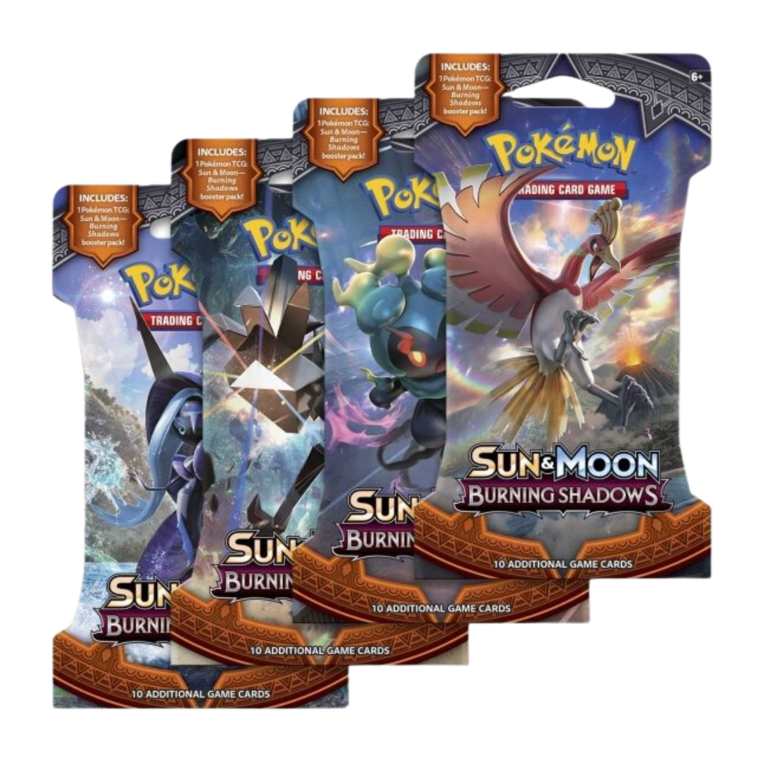 Pokémon Sun & Moon Burning Shadows booster packs med 10 spelkort, visar eldiga Pokémon och dramatiska bakgrunder.