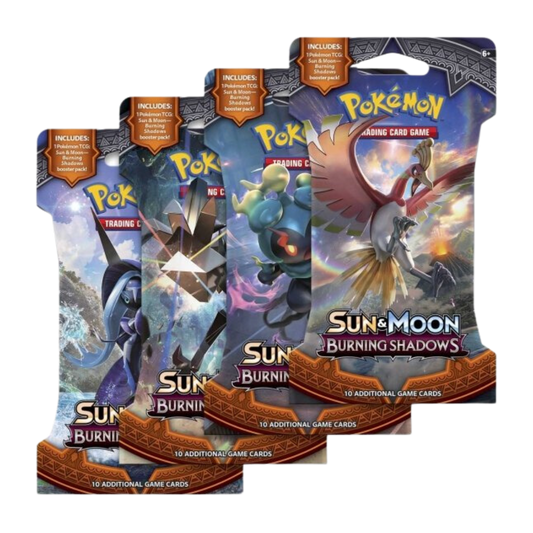 Pokémon Sun & Moon Burning Shadows booster packs med 10 spelkort, visar eldiga Pokémon och dramatiska bakgrunder.