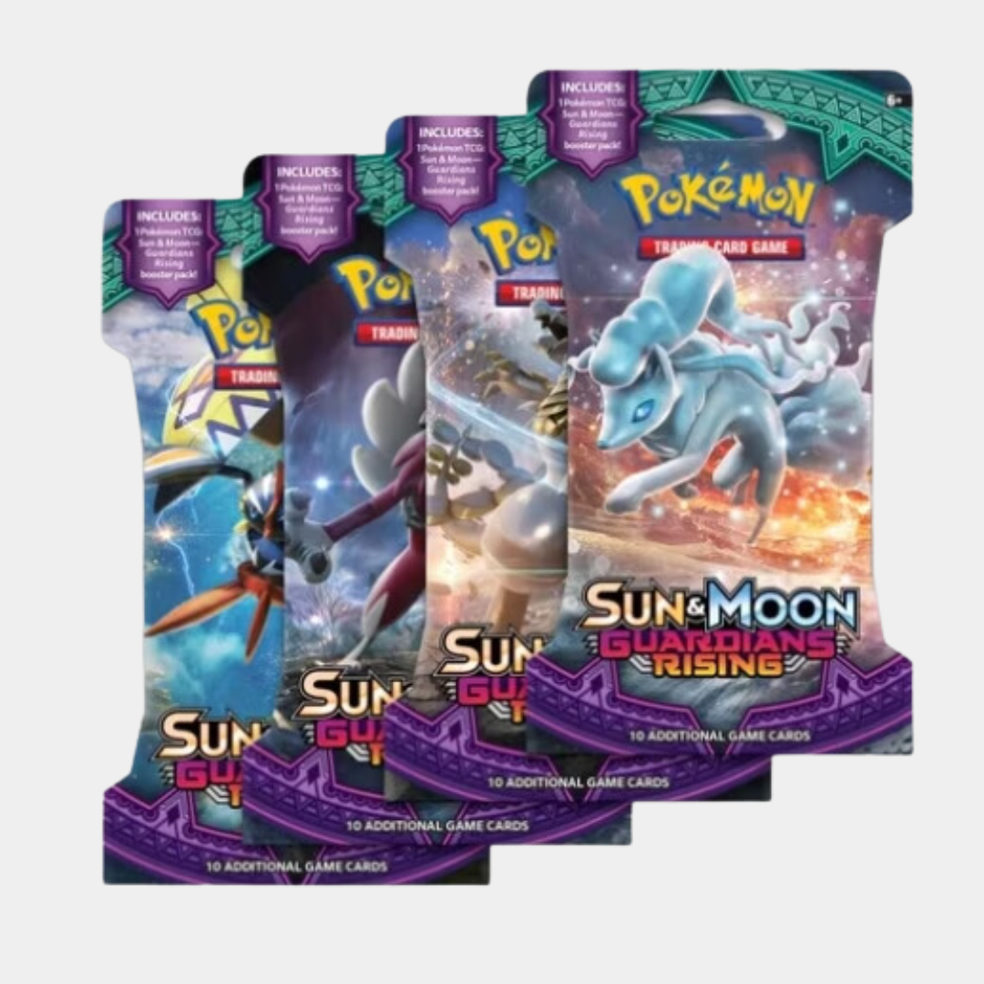 Pokémon Sun & Moon Guardians Rising booster packs med 10 spelkort, visar Alolan Pokémon och färgglada omslag.