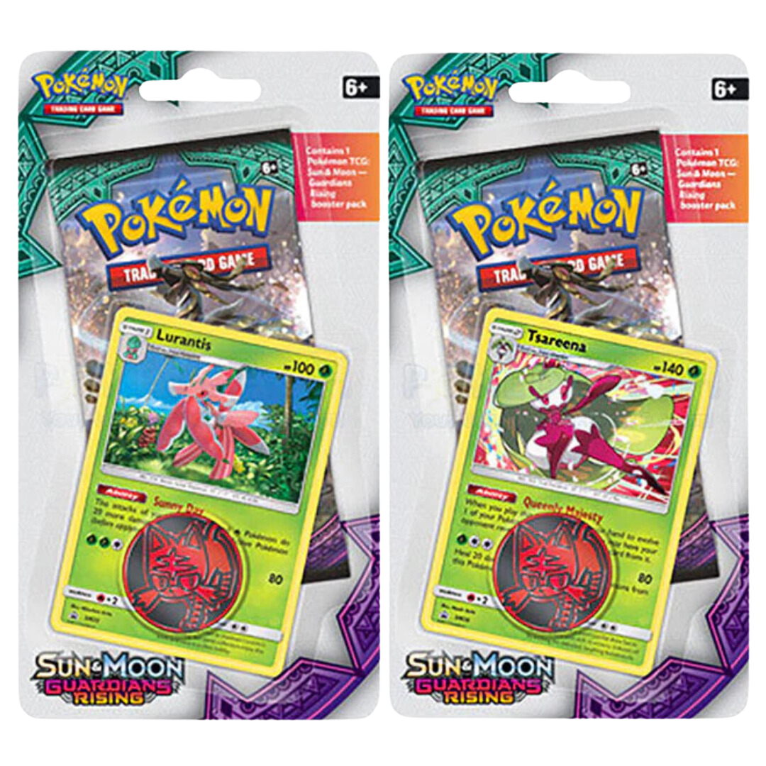 Pokémon Sun & Moon Guardians Rising blister pack med en booster pack, holografiskt promokort och samlarmynt.