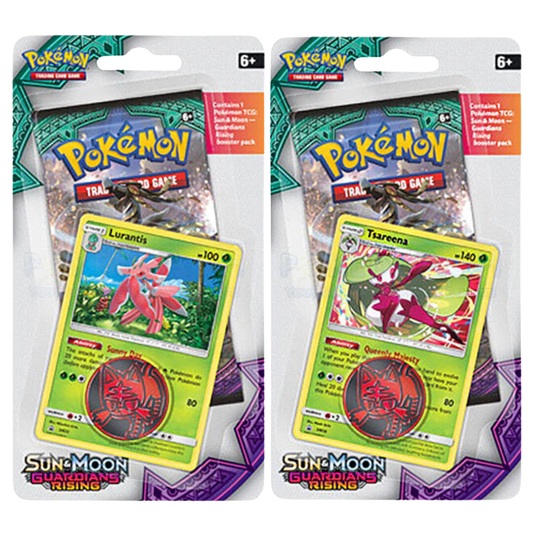 Pokémon Sun & Moon Guardians Rising blister pack med en booster pack, holografiskt promokort och samlarmynt.