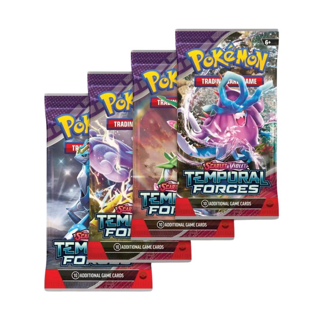 Pokémon Scarlet & Violet Temporal Forces booster pack med 10 spelkort, visar legendariska Pokémon och tidens krafter i en episk design.