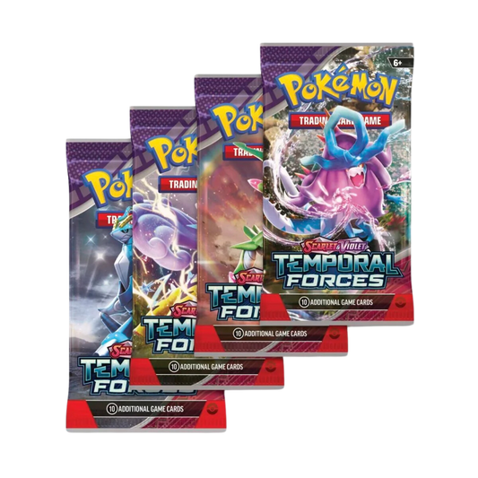 Pokémon Scarlet & Violet Temporal Forces booster pack med 10 spelkort, visar legendariska Pokémon och tidens krafter i en episk design.