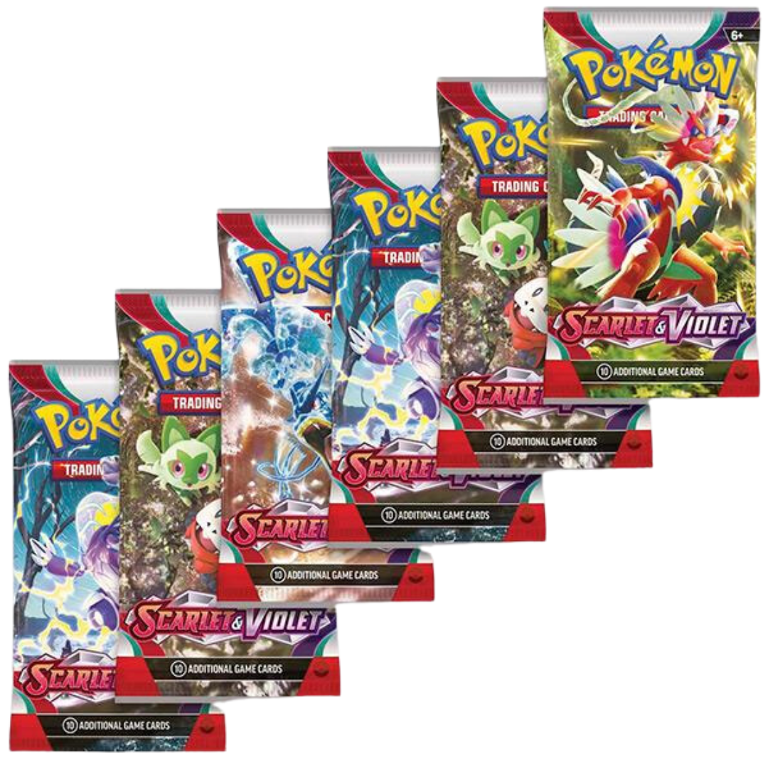 Pokémon Scarlet & Violet booster pack med 10 spelkort, illustrerat med färgglada Pokémon och äventyrstema.