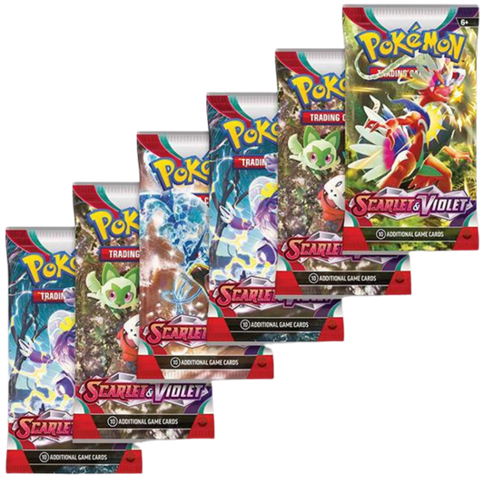 Pokémon Scarlet & Violet booster pack med 10 spelkort, illustrerat med färgglada Pokémon och äventyrstema.