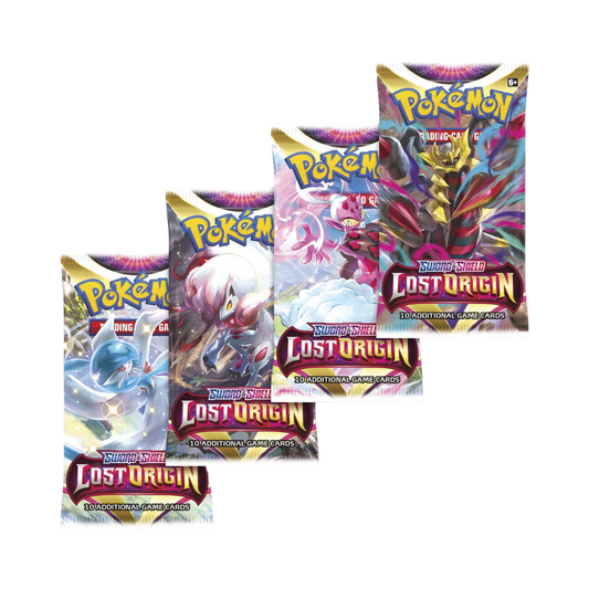 Pokémon Sword & Shield Lost Origin booster pack med 10 spelkort, illustrerat med mystiska Pokémon och fantasifulla designmotiv.