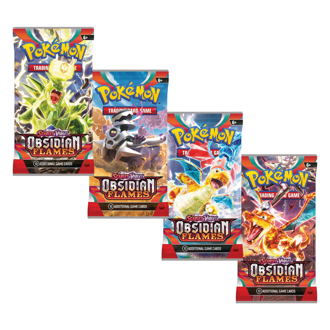 Pokémon Scarlet & Violet Obsidian Flames booster pack med 10 spelkort, featuring eldfängda och stenbaserade Pokémon.