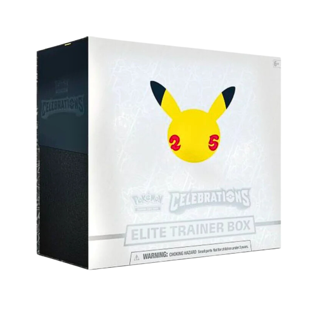 Celebrations Elite Trainer Box – Fira Pokémon 25-årsjubileum med unika kort och booster packs.