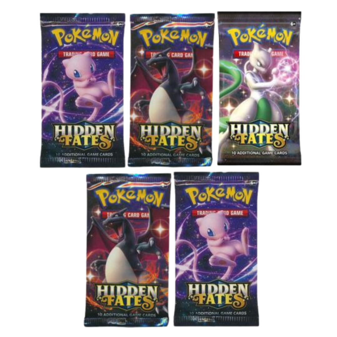 Pokémon Hidden Fates booster pack med 10 spelkort, visar Mew, Mewtwo och andra legendariska Pokémon på en mystisk bakgrund.