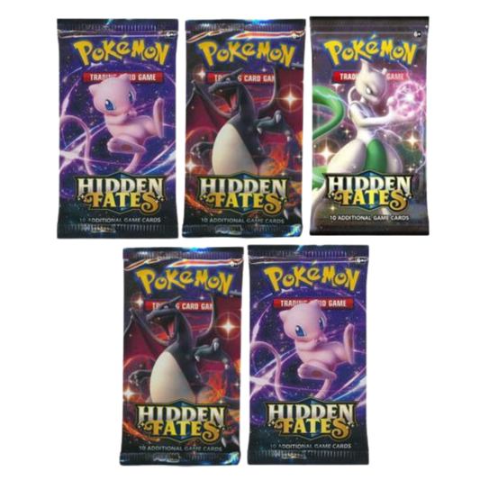 Pokémon Hidden Fates booster pack med 10 spelkort, visar Mew, Mewtwo och andra legendariska Pokémon på en mystisk bakgrund.