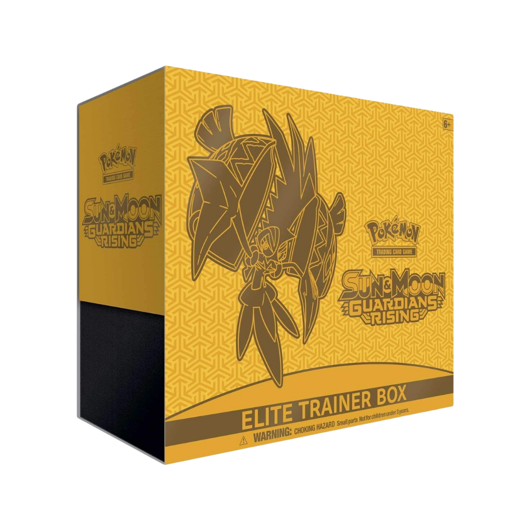 Guardians Rising Elite Trainer Box – Utforska Alolas tropiska charm med booster packs och unika tillbehör.