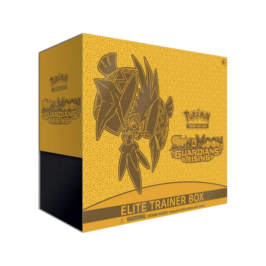 Guardians Rising Elite Trainer Box – Utforska Alolas tropiska charm med booster packs och unika tillbehör.