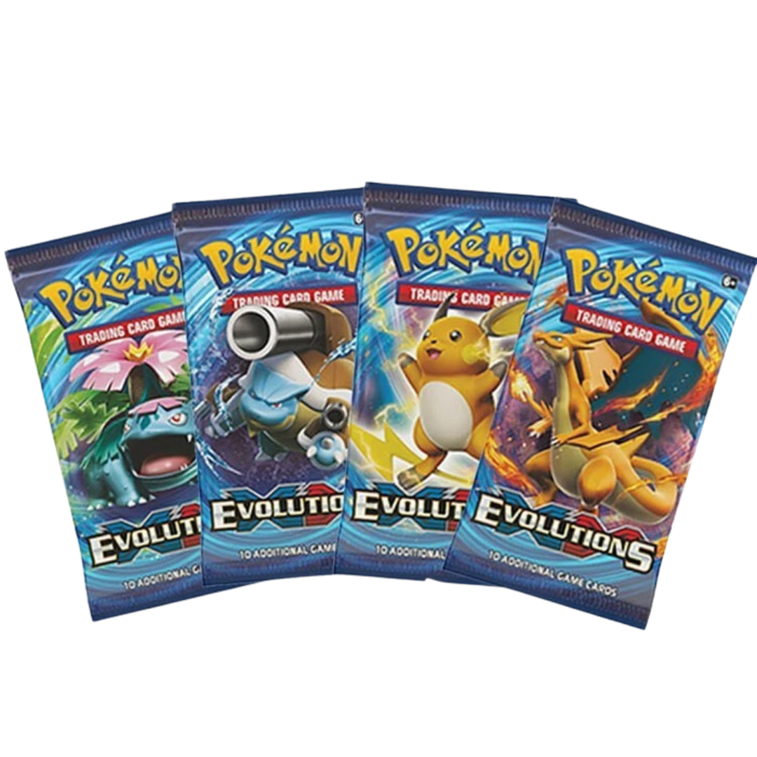 Pokémon Evolutions booster pack med 10 spelkort, featuring nostalgiska karaktärer som Charizard, Blastoise och Pikachu.