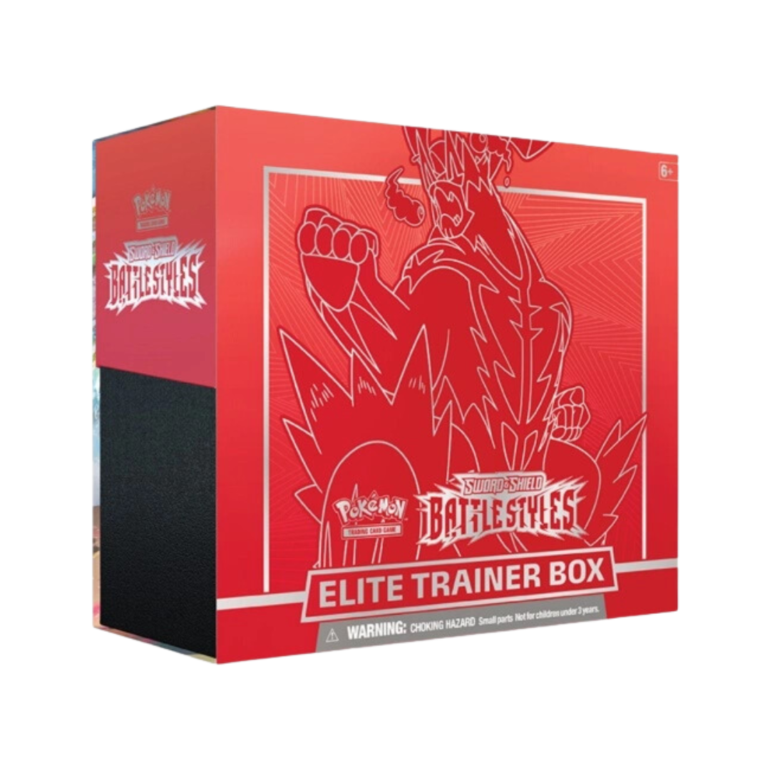 Pokémon Battle Styles Elite Trainer Box (Röd) – Single Strike Urshifu med booster packs och energikort.