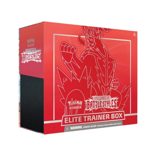 Pokémon Battle Styles Elite Trainer Box (Röd) – Single Strike Urshifu med booster packs och energikort.