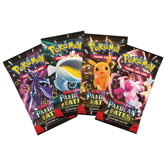 Pokémon Scarlet & Violet Paldean Fates booster packs med 10 spelkort, featuring populära Paldean Pokémon och färgglada illustrationer.