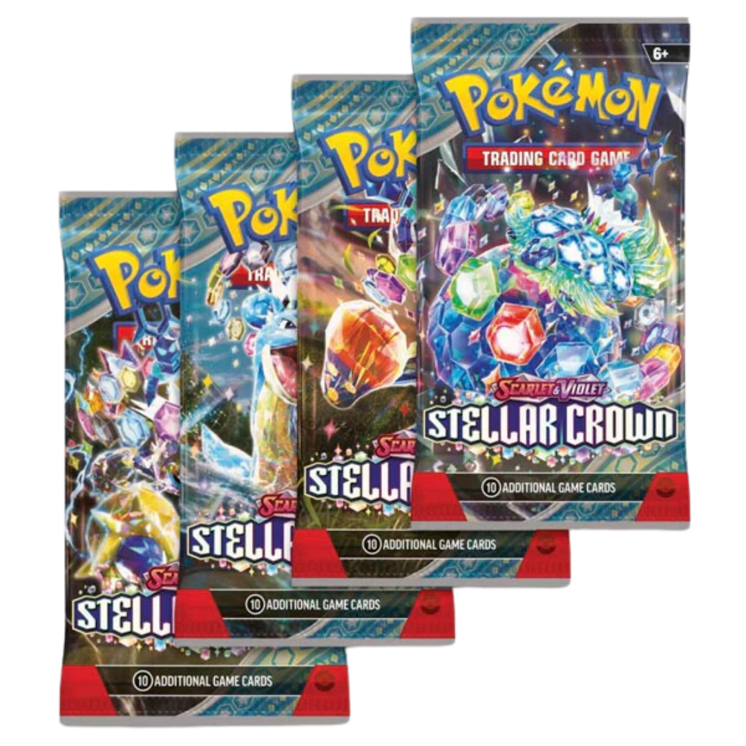 Pokémon Scarlet & Violet Stellar Crown booster pack med 10 spelkort, visar färgglada kristallmotiv och legendariska Pokémon.