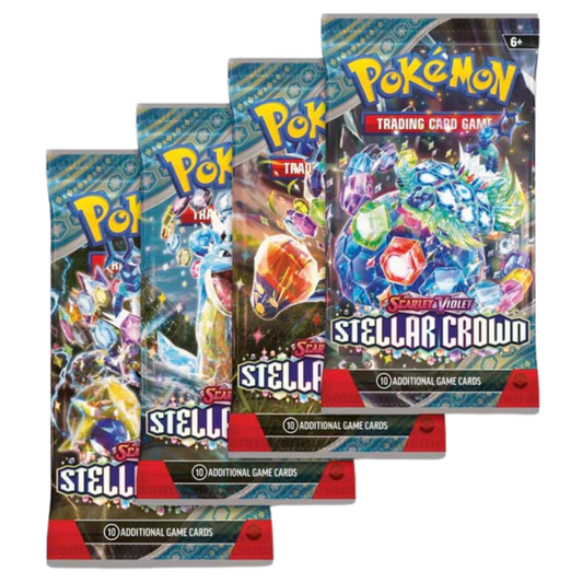 Pokémon Scarlet & Violet Stellar Crown booster pack med 10 spelkort, visar färgglada kristallmotiv och legendariska Pokémon.